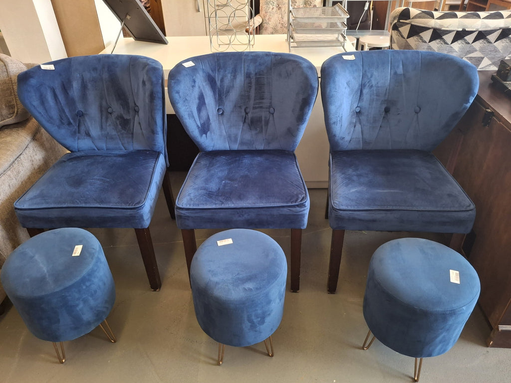 Royal blue velvet chairs and stools